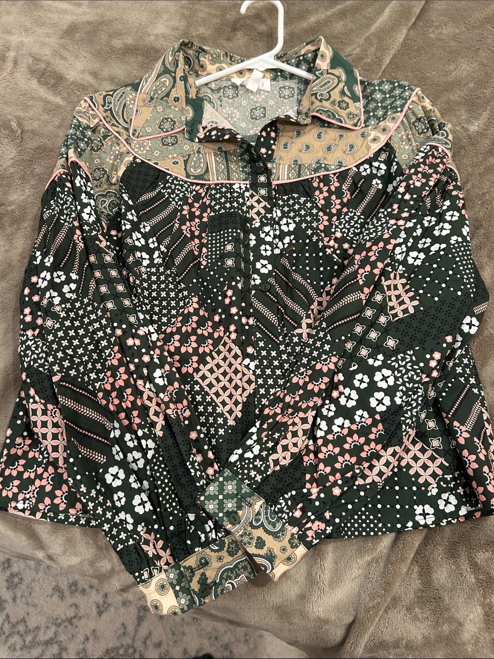 Women's Black & Pink Patchwork Print Button-Down Shirt
